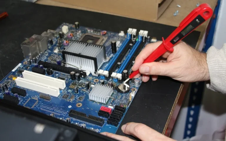Technician repairing the inside of an electronic device with precision tools